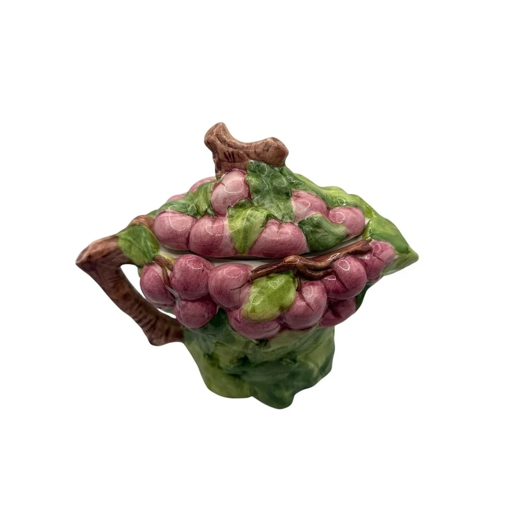 Vintage Italian Majolica Ceramic Fruit‎ Teapot Purple Grapes Green Leaves Italy